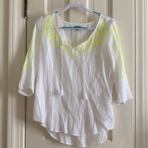 White and Neon Yellow Embroidered Aerie Swim Suit Cover Top